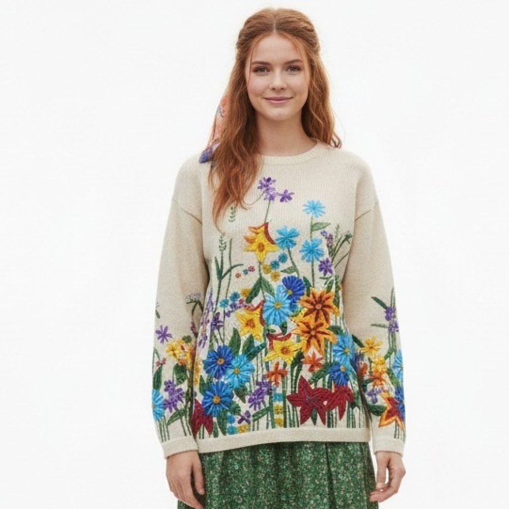 Vintage Cedars‎ Beaded Floral Embroidered Sweater Small Cottage Boho Whimsical